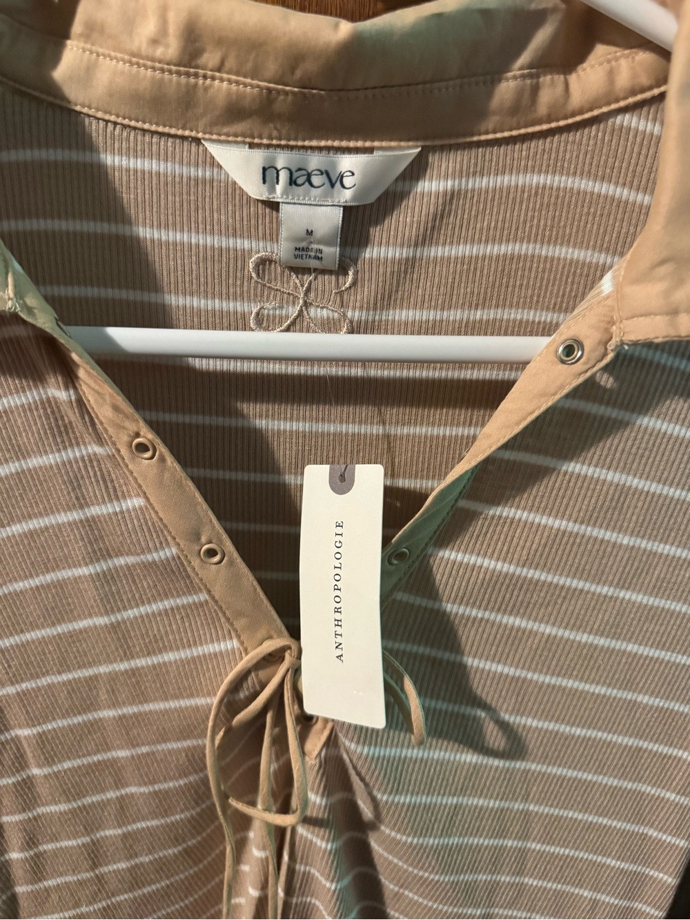Maeve Beige and White Striped Tie-Front Long Sleeve Polo - Picture 3 of 3